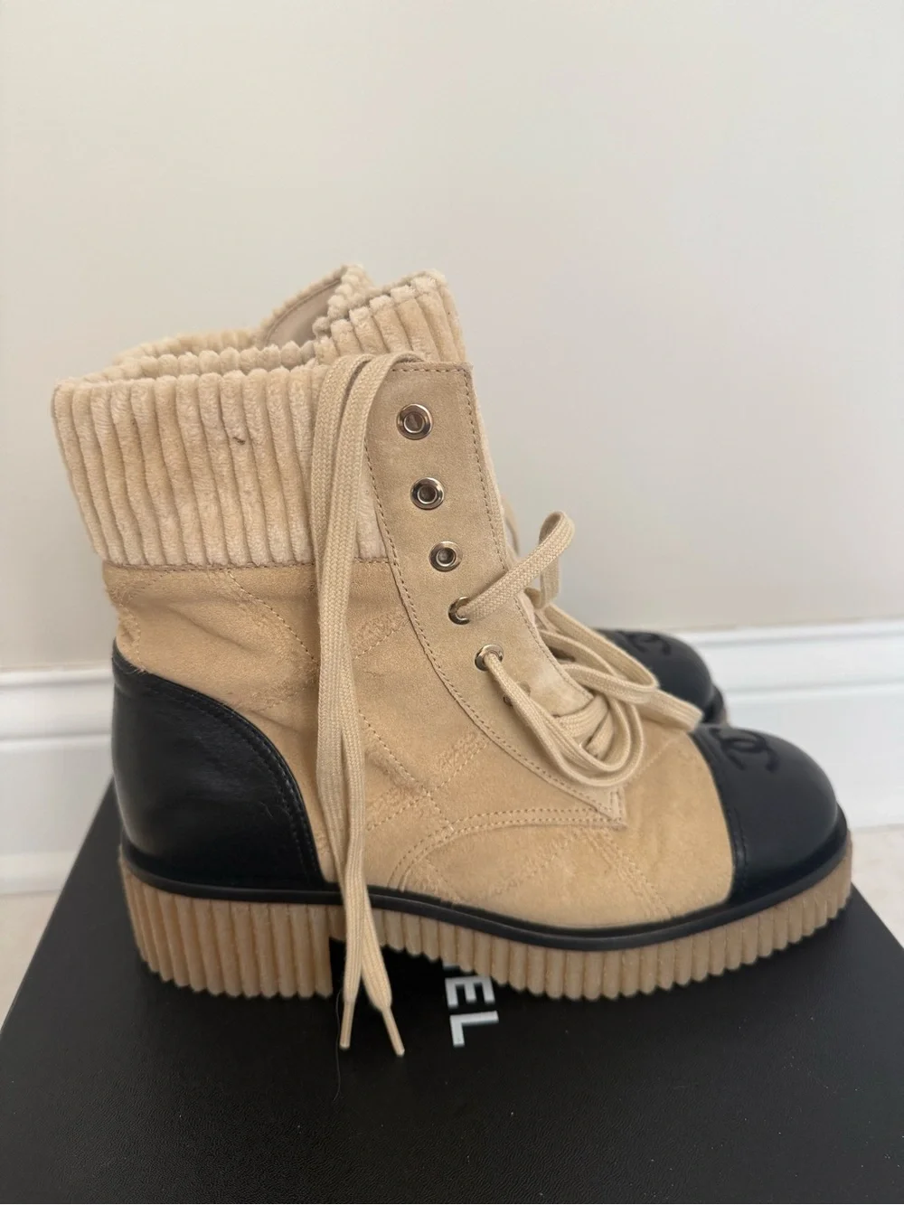 CHANEL Beige Suede and Black Leather Lace-Up Combat Boots
